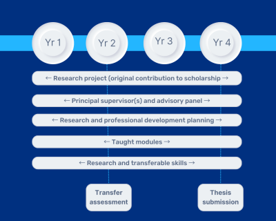 Graphic describing activities across the four years of a PhD programme